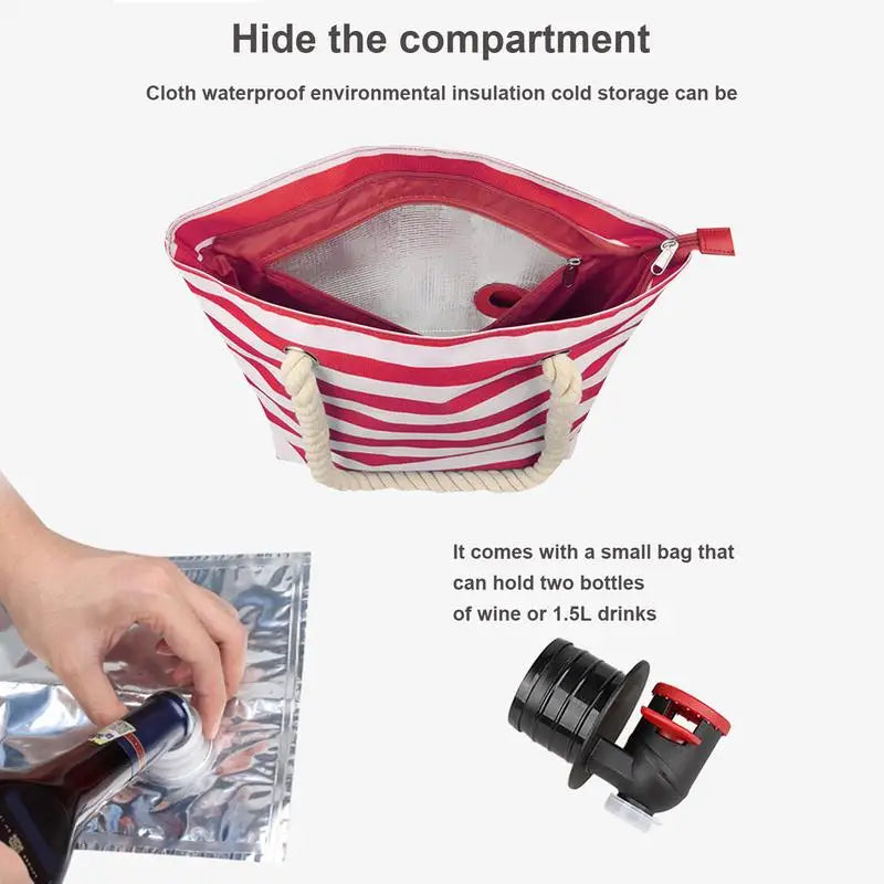 Wine Tote Bag Portable Beach Wine Purse Wine Tote Bag with Hiddens Dispenser Insulated Large Wine Cooler Bag with Wine Bladder