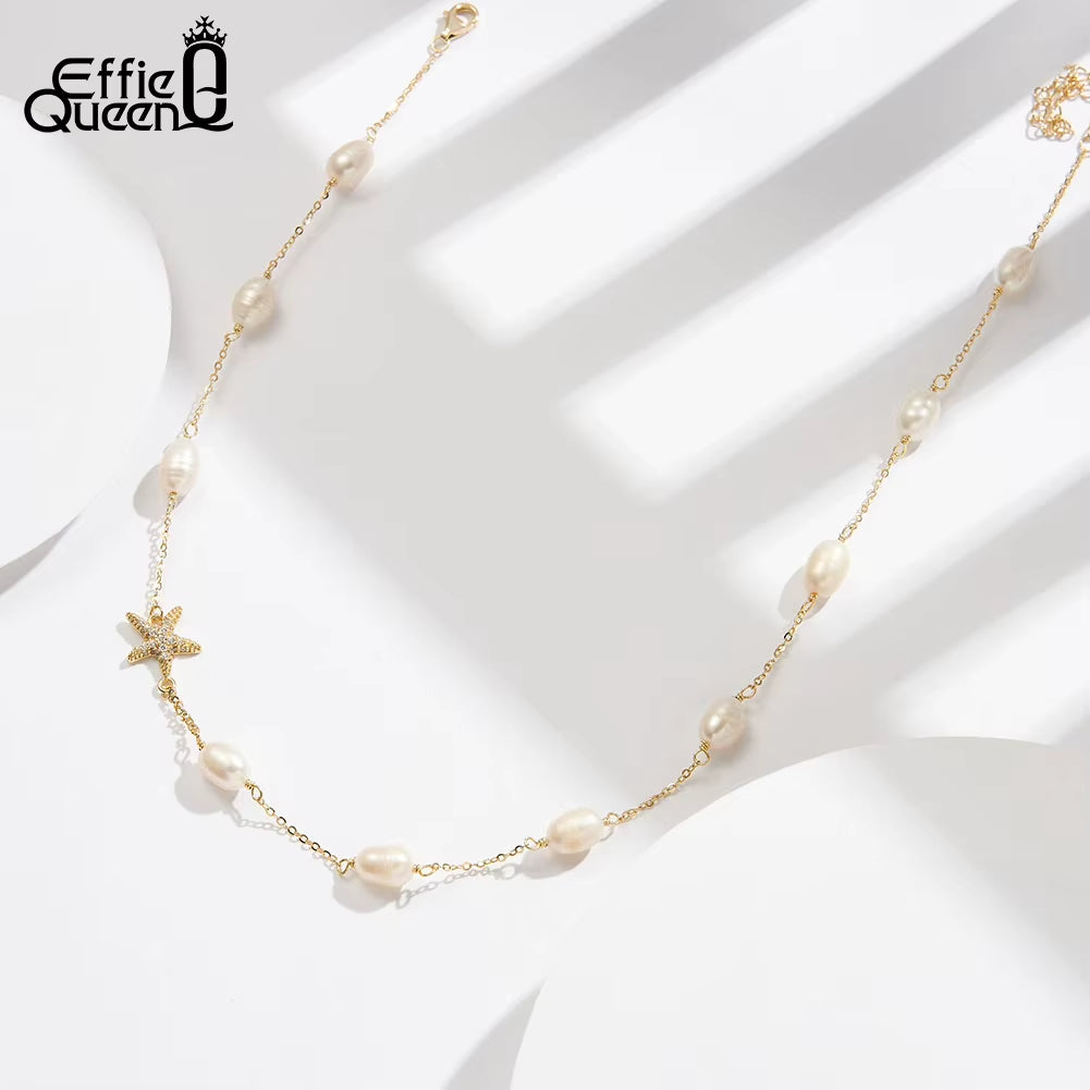 Natural Pearl Choker Necklace Fashion 925 Sterling Silver Starfish 5A CZ Necklace Party Jewelry Gift for Women BQN06