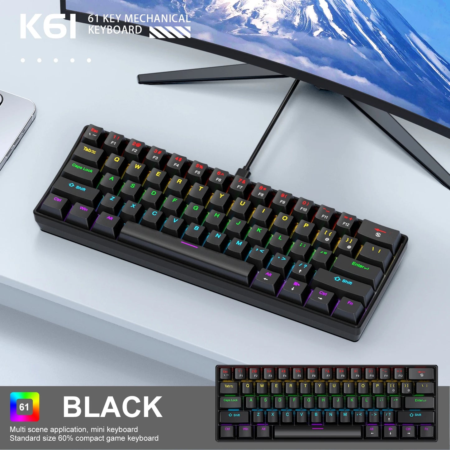 Mini Keyboard  K61 Mechanical Keyboard Wired,60% Portable 61 Keys RGB Black,White, Red/Blue Switch for Gaming