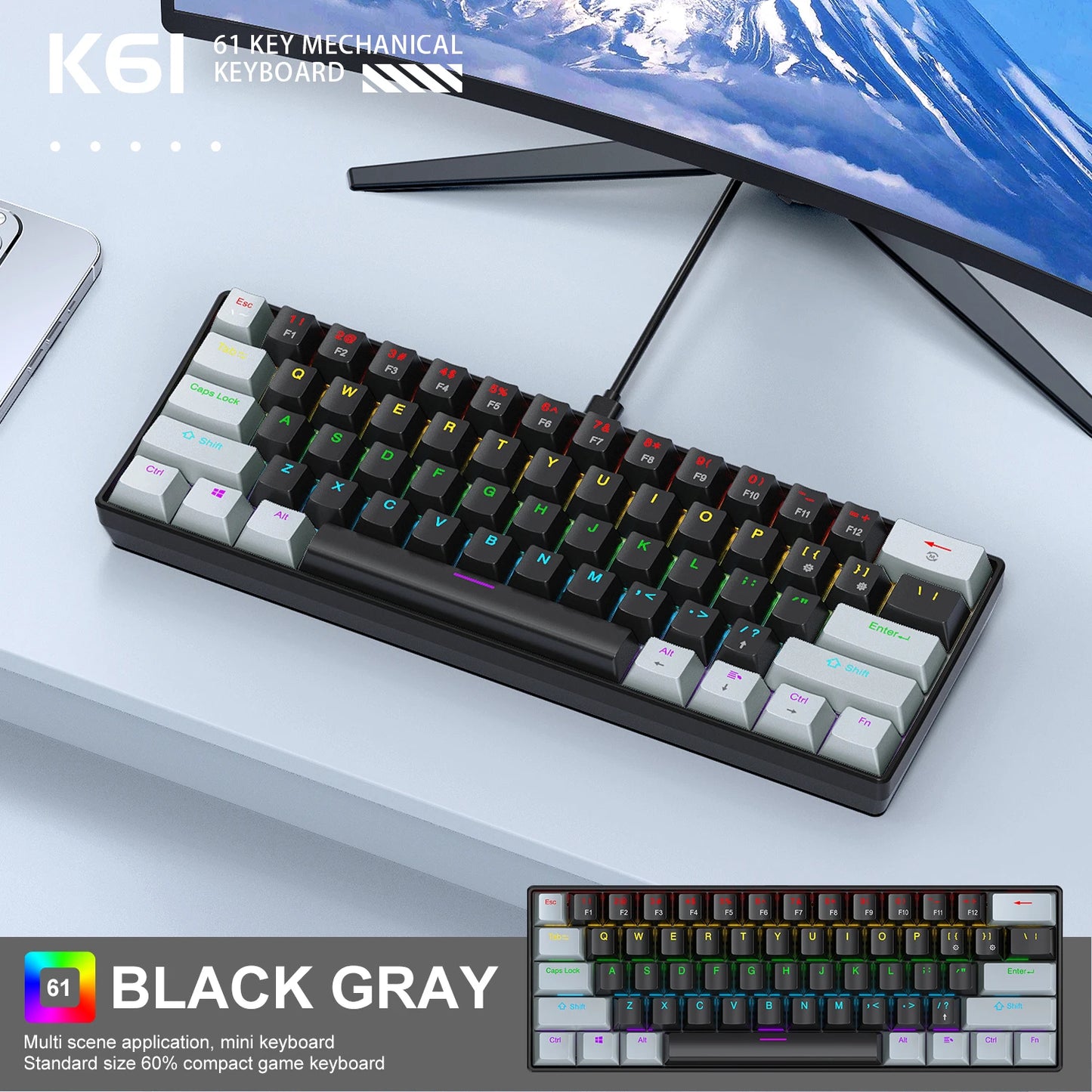 Mini Keyboard  K61 Mechanical Keyboard Wired,60% Portable 61 Keys RGB Black,White, Red/Blue Switch for Gaming