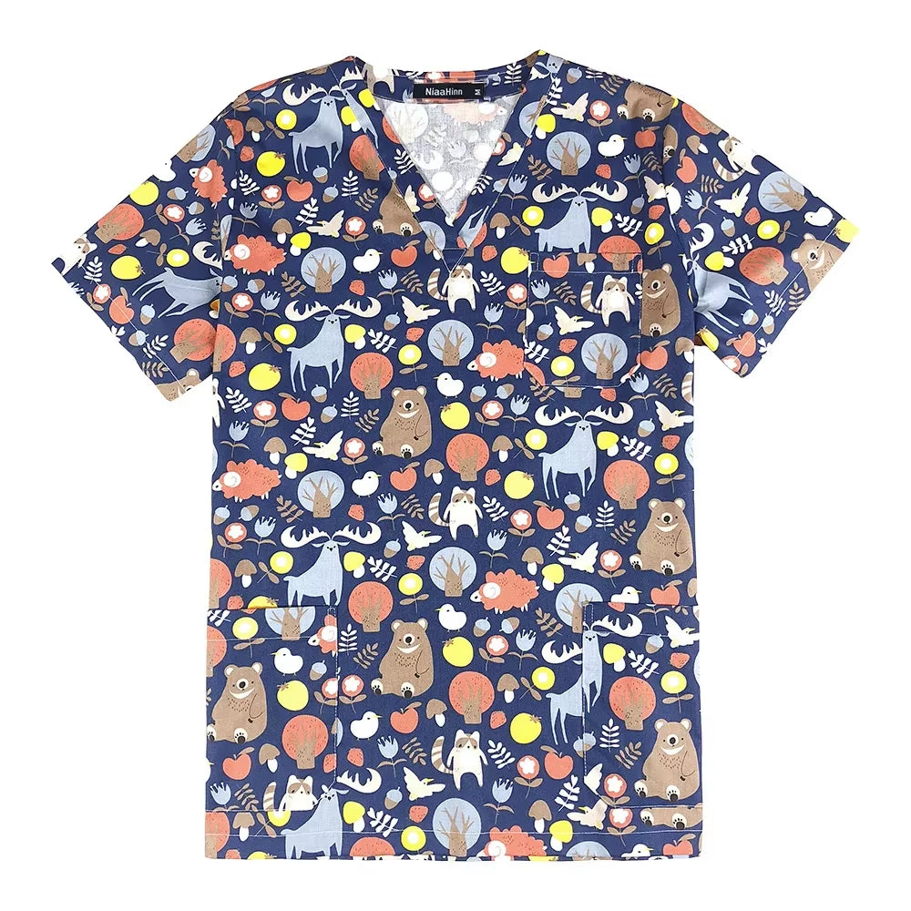Gray Owl Printing Spa Uniform Women Beauty and Health Scrub Tops Beauty Salon Work Uniform Beauty Salon Scrubs Workwear
