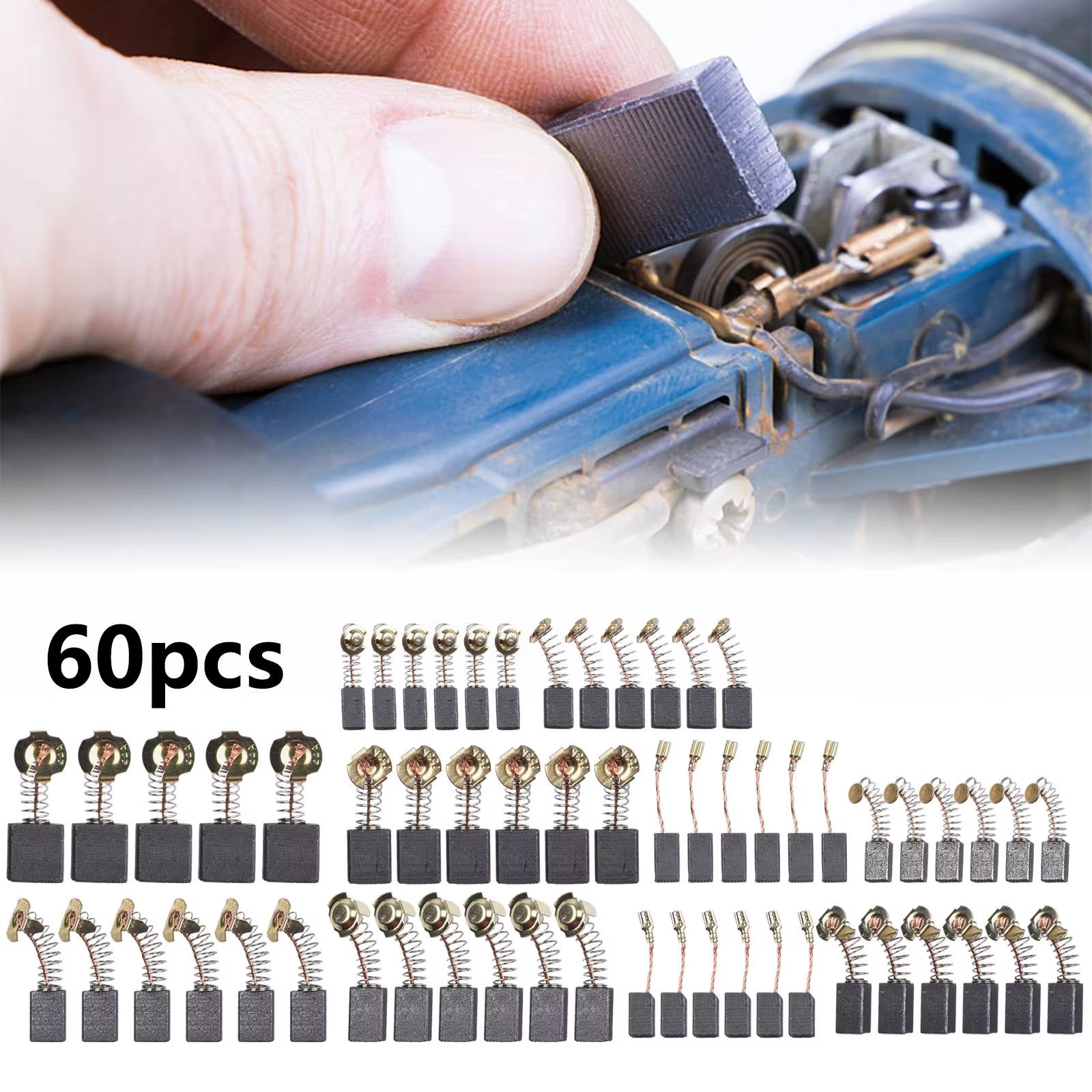 60Pcs/Set 10 Sizes Electric Motor Carbon Brushes Replacement for Power Tool Hammer Drills Circular Saws Replacement Carbon Brush