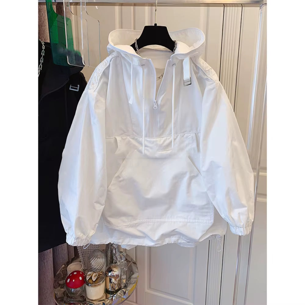 Hooded Trench Men Solid Pullover Jackets Long Sleeve Coat Casual Pockets Patchwork Spliced Loose 2025 Spring Draw String