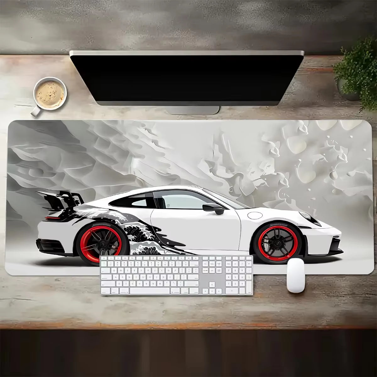Large White Sports Car Design Gaming Mouse Pad Anti-Slip Rubber Base Extended Desk Mat for Gamer Office Use Computer Accessories