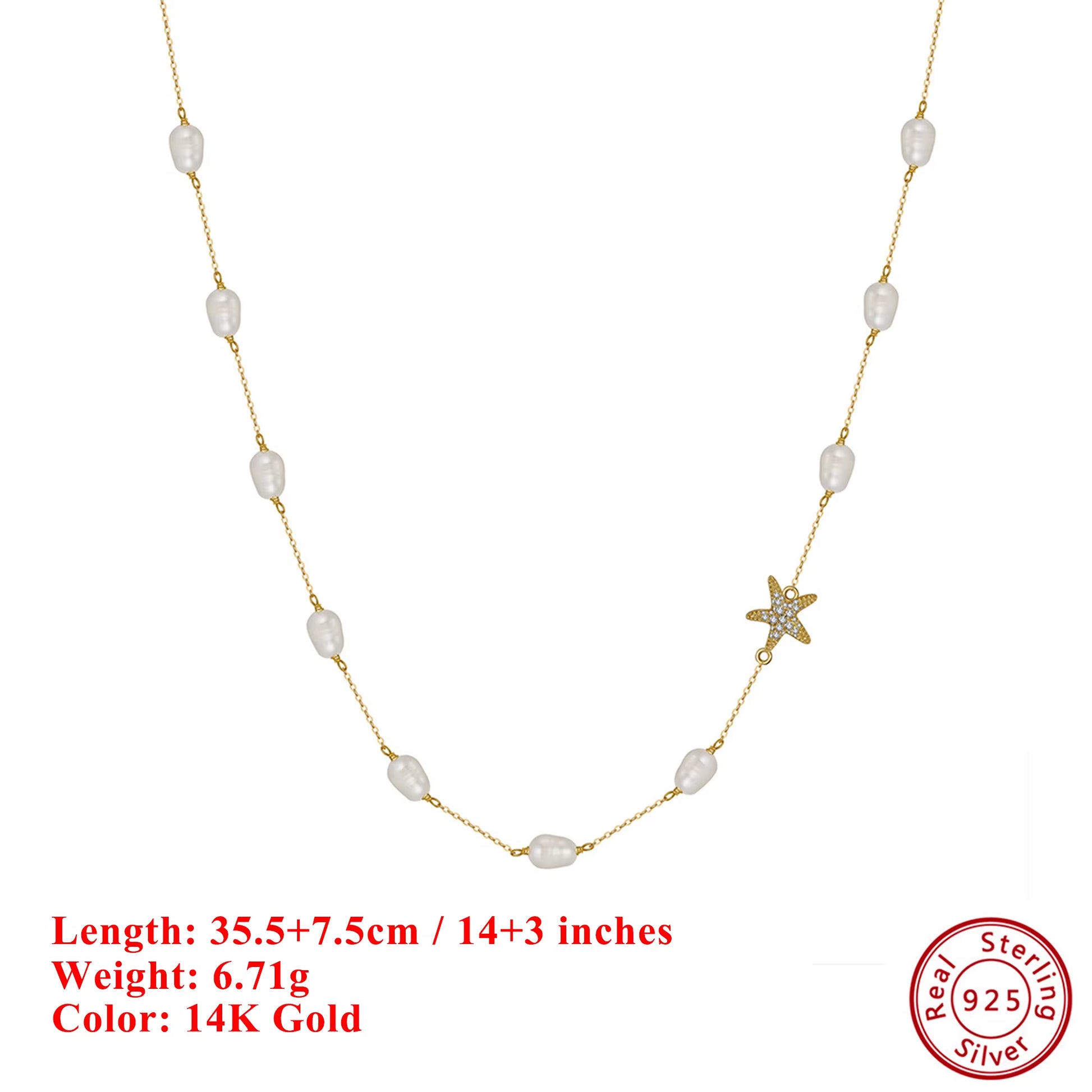 Natural Pearl Choker Necklace Fashion 925 Sterling Silver Starfish 5A CZ Necklace Party Jewelry Gift for Women BQN06