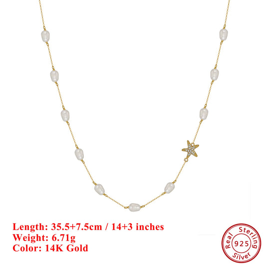 Natural Pearl Choker Necklace Fashion 925 Sterling Silver Starfish 5A CZ Necklace Party Jewelry Gift for Women BQN06