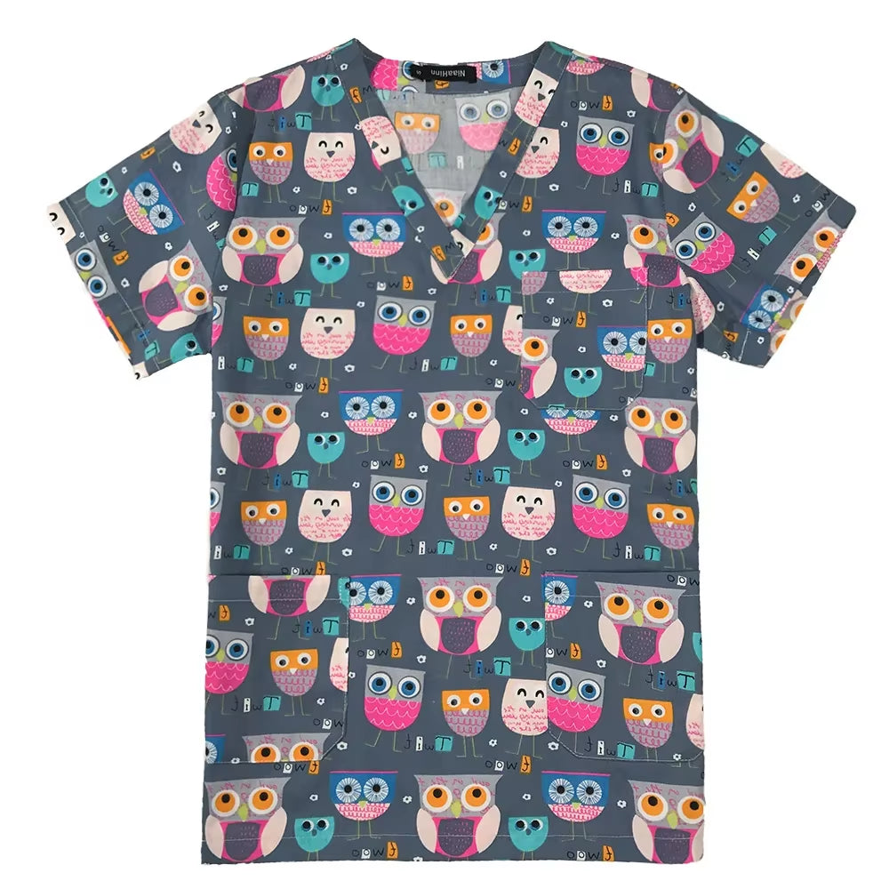 Gray Owl Printing Spa Uniform Women Beauty and Health Scrub Tops Beauty Salon Work Uniform Beauty Salon Scrubs Workwear