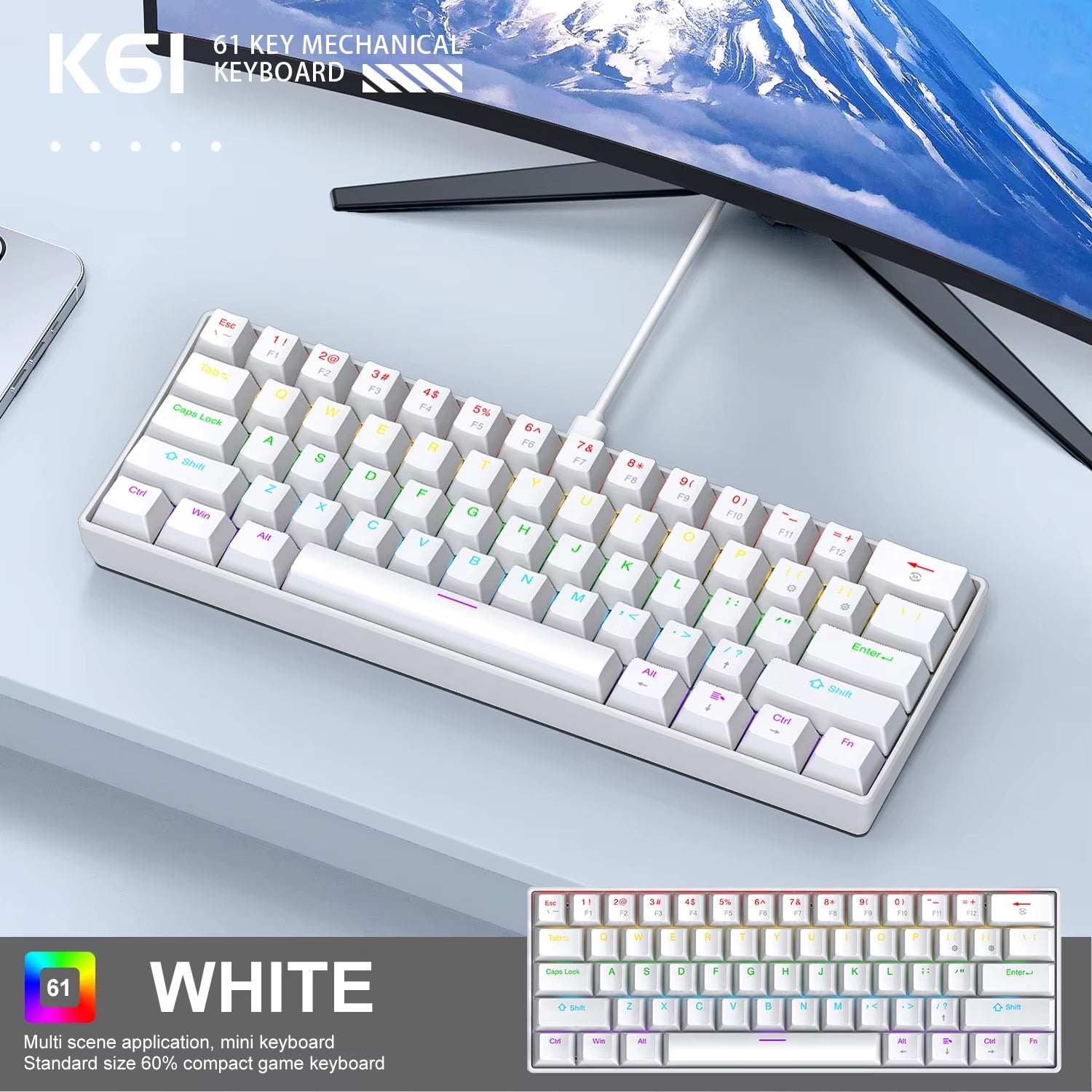Mini Keyboard  K61 Mechanical Keyboard Wired,60% Portable 61 Keys RGB Black,White, Red/Blue Switch for Gaming