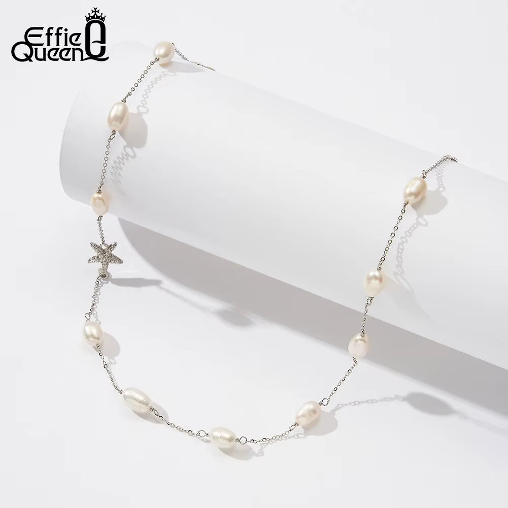 Natural Pearl Choker Necklace Fashion 925 Sterling Silver Starfish 5A CZ Necklace Party Jewelry Gift for Women BQN06