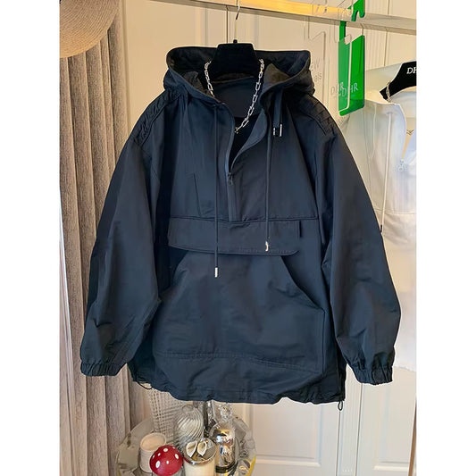 Hooded Trench Men Solid Pullover Jackets Long Sleeve Coat Casual Pockets Patchwork Spliced Loose 2025 Spring Draw String