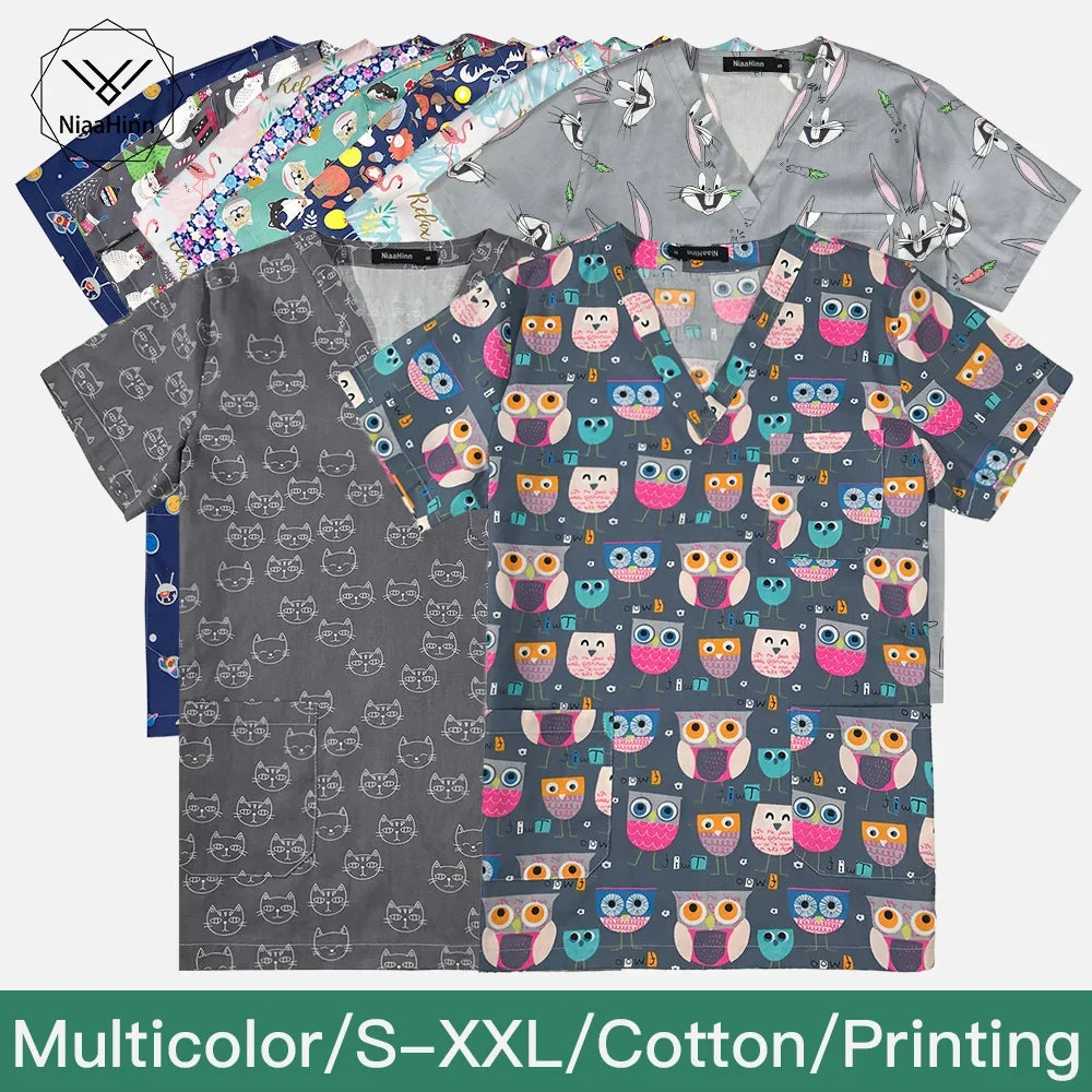 Gray Owl Printing Spa Uniform Women Beauty and Health Scrub Tops Beauty Salon Work Uniform Beauty Salon Scrubs Workwear