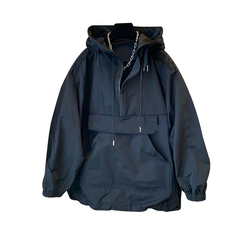 Hooded Trench Men Solid Pullover Jackets Long Sleeve Coat Casual Pockets Patchwork Spliced Loose 2025 Spring Draw String