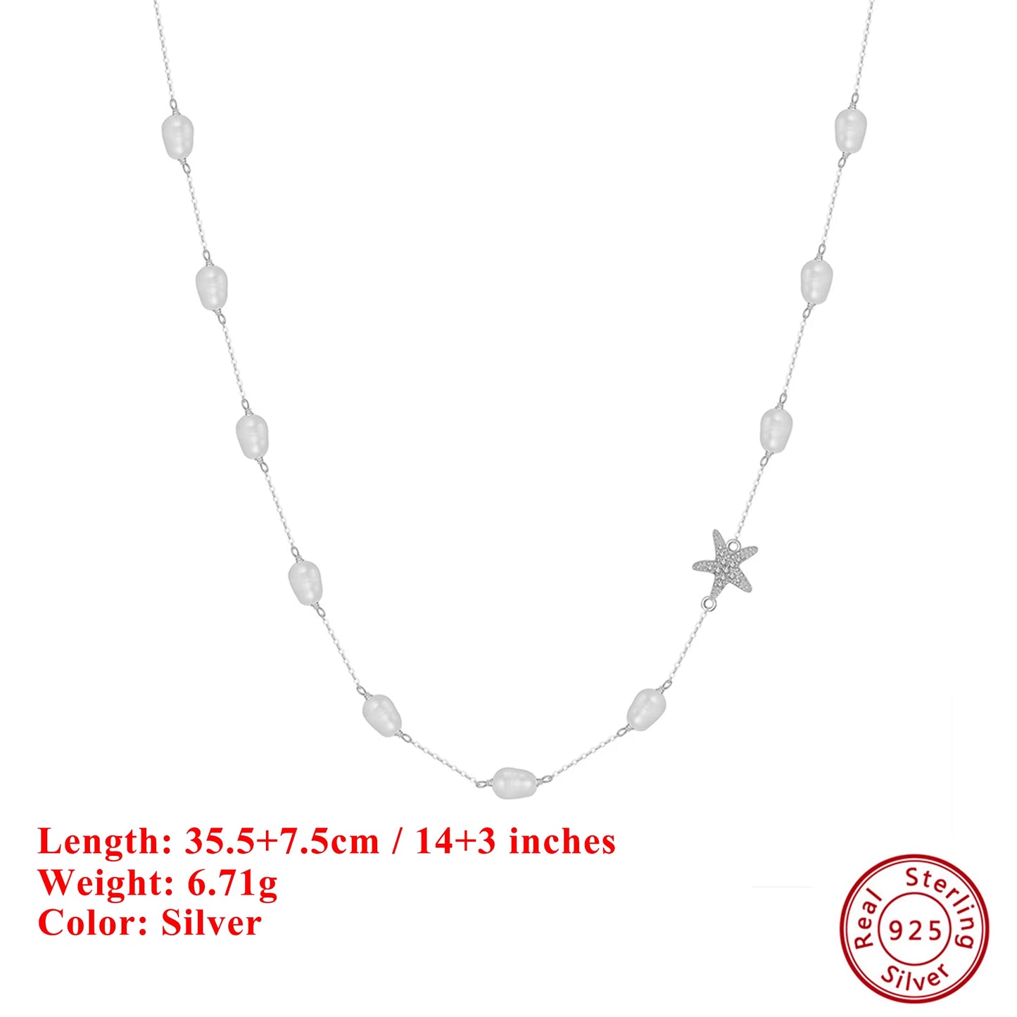 Natural Pearl Choker Necklace Fashion 925 Sterling Silver Starfish 5A CZ Necklace Party Jewelry Gift for Women BQN06