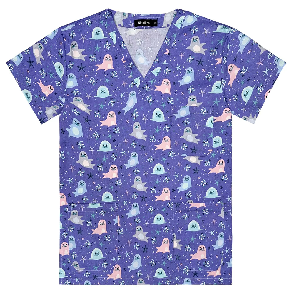 Gray Owl Printing Spa Uniform Women Beauty and Health Scrub Tops Beauty Salon Work Uniform Beauty Salon Scrubs Workwear
