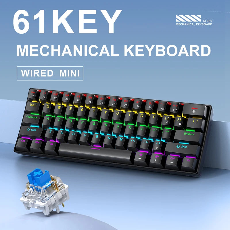 Mini Keyboard  K61 Mechanical Keyboard Wired,60% Portable 61 Keys RGB Black,White, Red/Blue Switch for Gaming