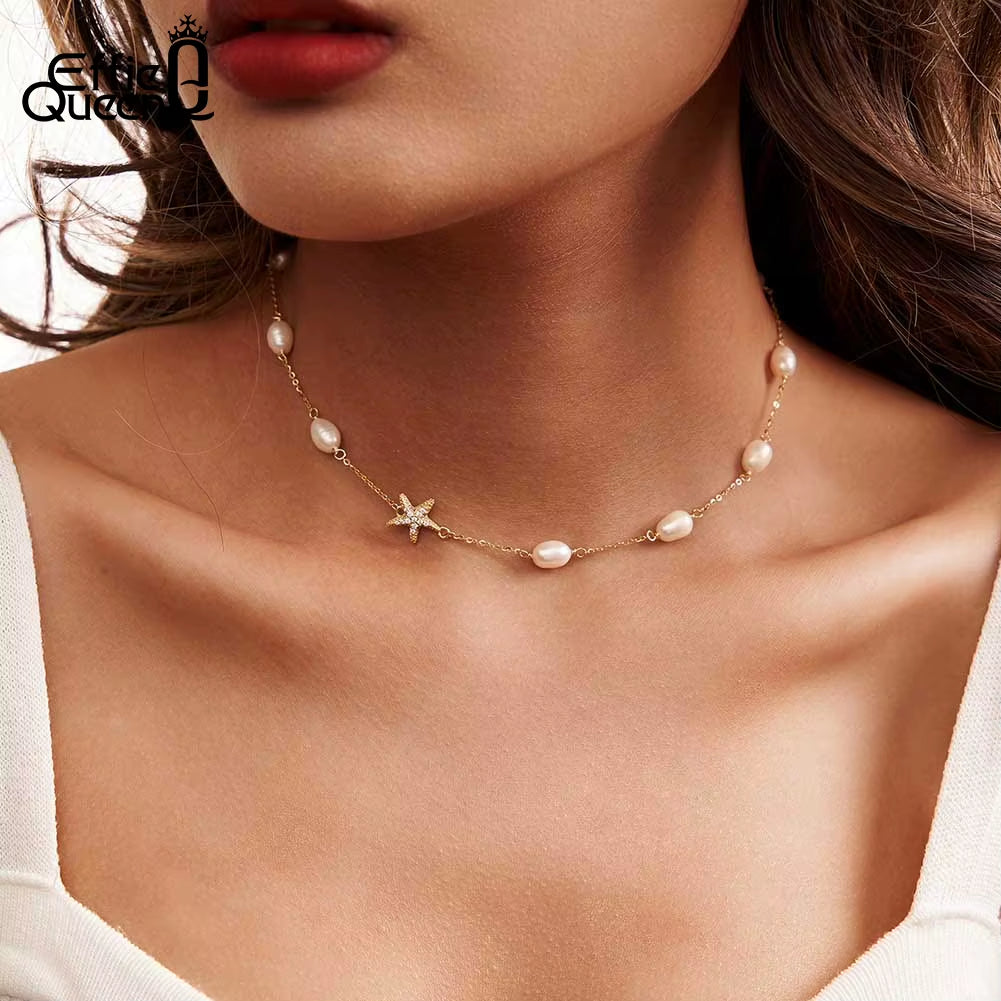 Natural Pearl Choker Necklace Fashion 925 Sterling Silver Starfish 5A CZ Necklace Party Jewelry Gift for Women BQN06